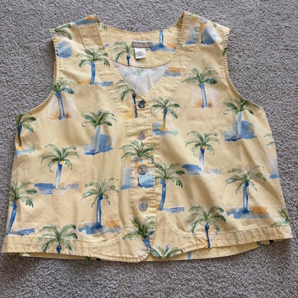 Vintage Coldwater Creek Vest Womens XL Yellow Palm Tree Tropical Beach Coastal